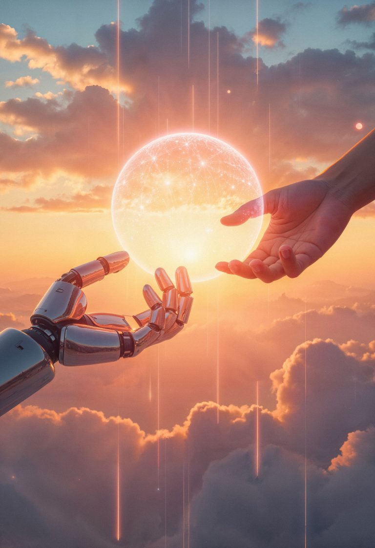 robot human hand reaching glowing sphere sky